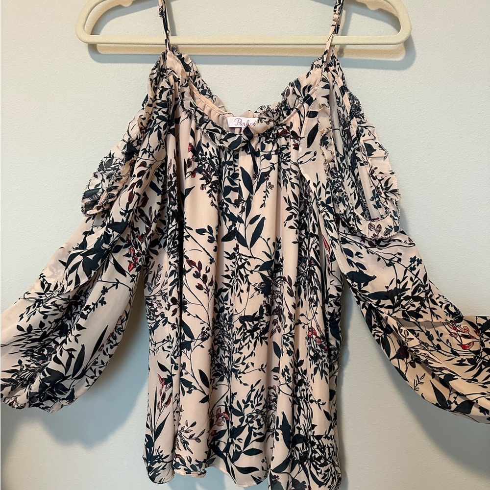 Parker Ruffle Cold-Shoulder Floral Blouse - Blush/Navy - Medium